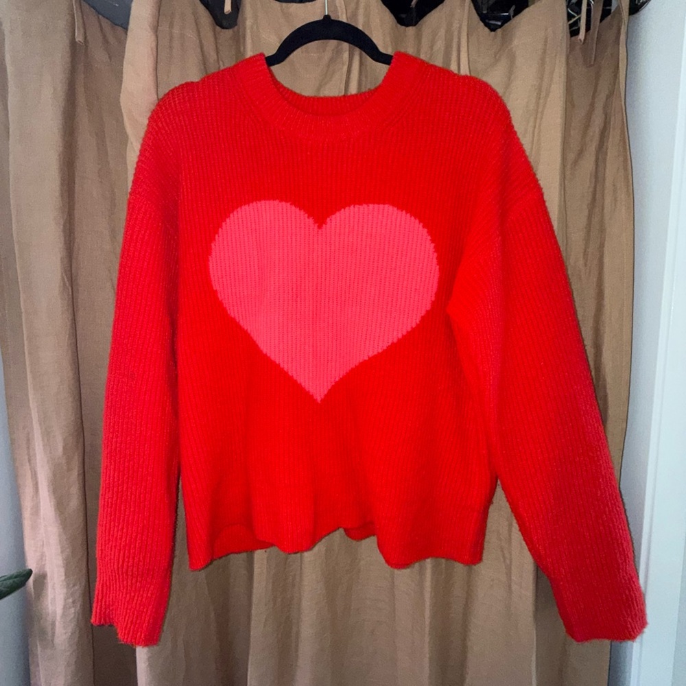 A New Day Red and Pink Crewneck Sweater with Heart Design